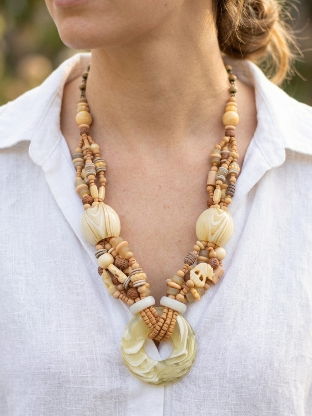 Vintage 70s Carved Bone Elephant Safari Statement Necklace Boho Multi-Strand